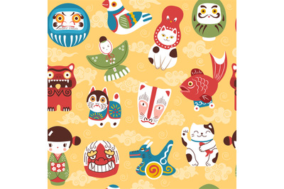 Japanese toys pattern. Lucky and fortune items maneki cat recent vecto