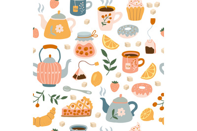 Utensils pattern. Tea time cozy items cups teapots and dishes illustra