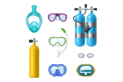 Gas cylinder. Swimming tools for diving scuba mask and oxygen air comp