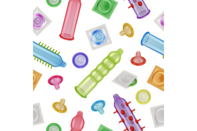 Condoms pattern. Erection protection latex items decent vector seamles