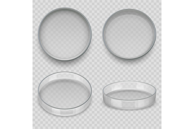 Petri dish. Realistic transparent dishes for lab experiments medical p