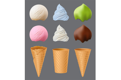 Ice cream constructor. Delicious cold desserts frozen yogurt in cones