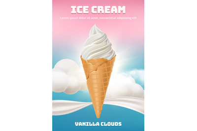 Ice cream poster. Ads placard illustration with delicious ice cream wi