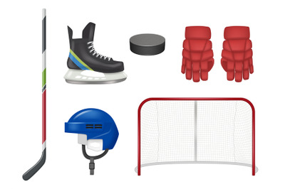 Hockey items. Stick pucks helmet gloves decent vector realistic templa