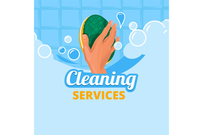 Cleaning service. background with hand holding washcloth and soap bubb