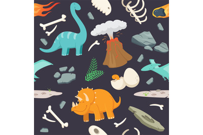 Dinosaur pattern. cave prehistoric period objects bones rocks volcano