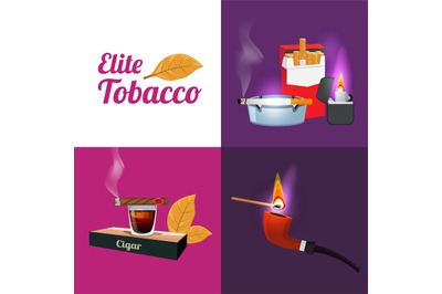 Elite tobacco. smoking cigarettes and pipes vector collection set