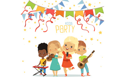 Kids party. children band playing on musical instruments. Vector littl