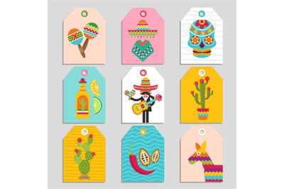 Mexican cards. authentic design tags with mexican symbols. Vector prin