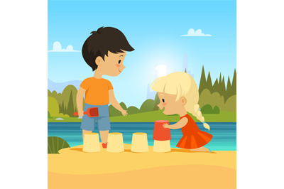 Sandbox. Kids playing in sandbox boy and girl outdoor. Vector backgrou