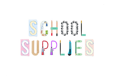 School supplies. alphabet letters with stationery tools vector templat