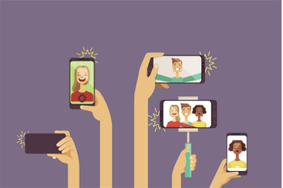 Selfie. hands holding smartphones and making selphie photo vector coll