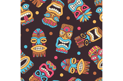 Tiki masks pattern. authentic exotic tribal masks seamless background