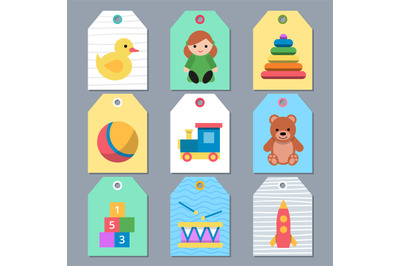 Toys cards. tags with children toys ball doll teddy bear. Vector desig