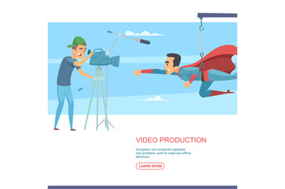 Video production. camera operator filming flying super hero. Vector co