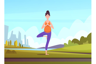 Yoga practice. woman standing in yoga pose outdoor. Vector cartoon lan