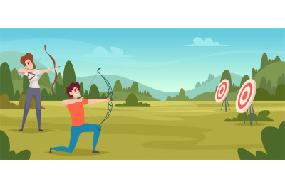 Archery competition. Cartoon background with shooting archers to targe