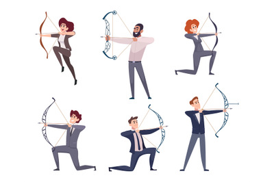 Business archers. Managers leaders shooting to targets holding arrows