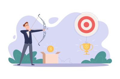 Business goal setting. Active business characters shooting with arrows