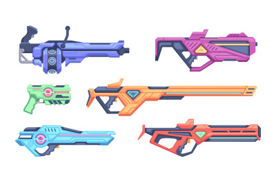 Cartoon weapons. Futuristic comic pistols and guns space blasters toys