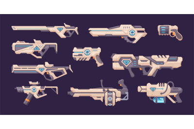 Game pistol. Space futuristic weapons for kids exact vector colored bl