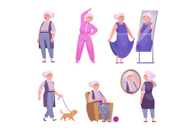 Elderly woman. Pensioner female person in action poses daily activity