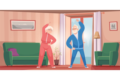 Elderly daily routine. Pensioner making home exercises senior people e