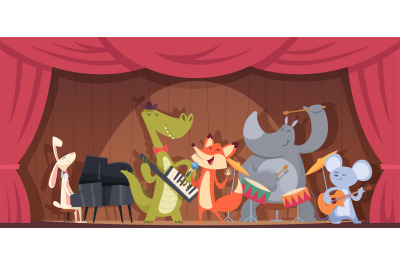 Music concert animals. Outdoor illustrations with zoo animals play mus