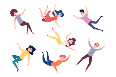 Flying people. Falling and flying happy dreaming characters male and f