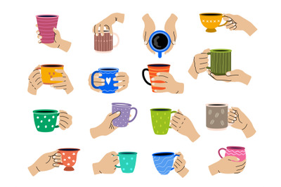 Holding cup. Hot mugs in hands recent vector tea time concept illustra