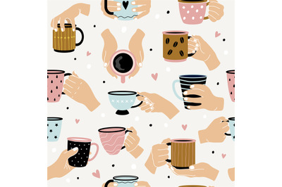 Mugs pattern. People holding hot cups recent vector seamless templates