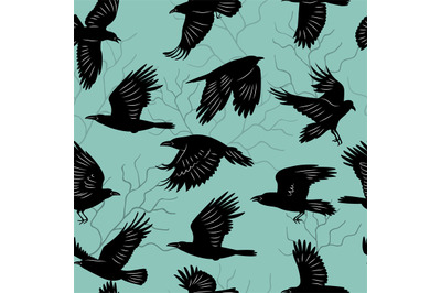 Crow birds. Flying ghotic birds silhouettes recent vector dark animals