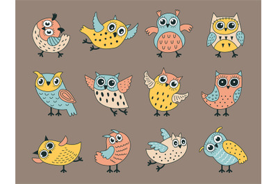 Owl characters. Funny decorative birds with stylized feathers recent v