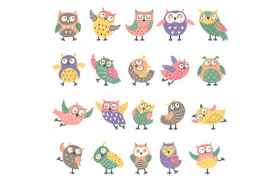 Owl birds. Flying decorative boho style birds in action poses recent v