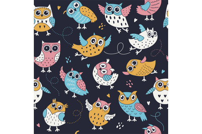 Owl pattern. Textile design project with decorative boho style birds f