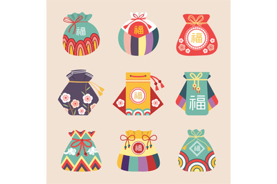 Lucky bags. Traditional asian lucky symbols containers for gifts chine