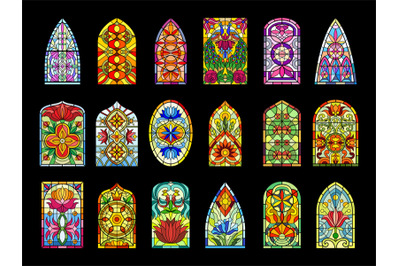 Stained glass windows. Decorative colored frames transparent glasses f