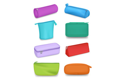 Pencil case. Stationery containers in realistic style decent vector co