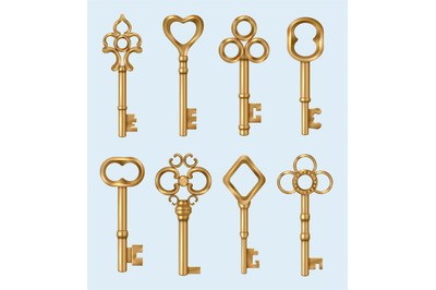 Vintage keys. Golden realistic real estate keys in ornate style decent