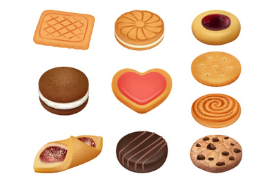 Realistic cookies. Sugar baked desserts decent vector colored template