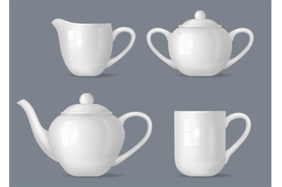 Realistic tea set. Utensils for tea relax time pot tea cup bowl for su