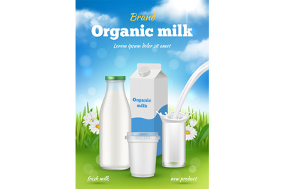 Dairy ads. Banners for milk product in different packages decent vecto