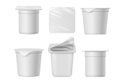 Yogurt containers. Mockup templates of dairy products milk food plasti