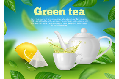 Tea poster. Relax time hot liquid products in kettle decent vector ads