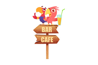 Direction arrows. parrot sitting on wooden boards cafe direction. vect