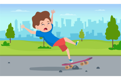 Skater falling. little boy riding on skateboards and falling outdoor