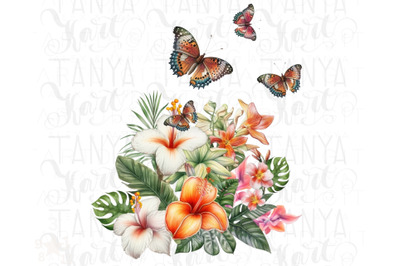 Tropical Flowers Png With Butterflies | PNG Digital Download