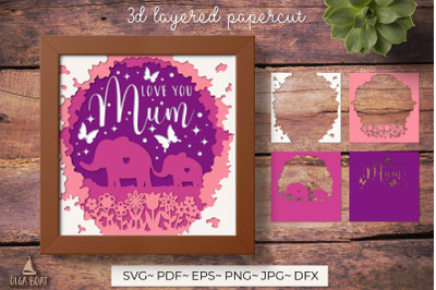 3d Mum and baby elephant | Love you mum svg card