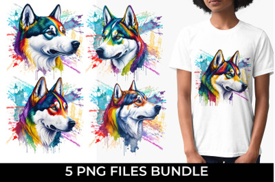 Rainbow Siberian Husky Dog Watercolor Bundle