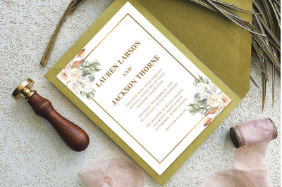 Elegant Blush White Roses and Gold Frame Wedding Invitation